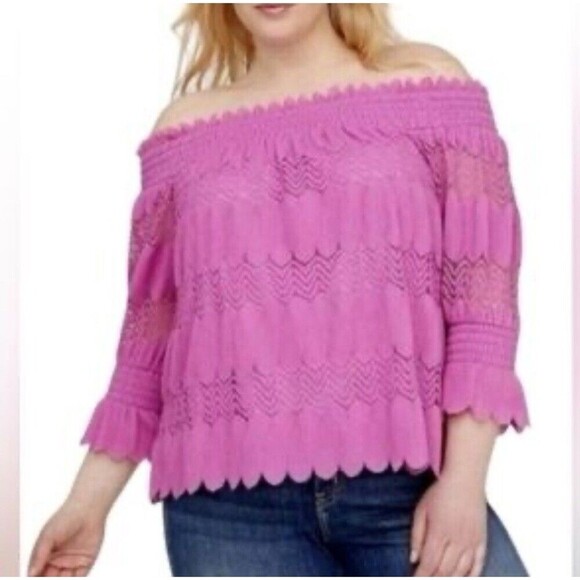 LANE BRYANT Purple Off Shoulder Top Women 26/28 Smocked Scallop Lace 3/4 Sleeve - Picture 1 of 10